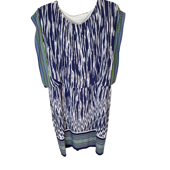 Chicos Size XL Navy & White Ikat Print Sleeveless Tunic Dress W/ Side Drape - Picture 1 of 7